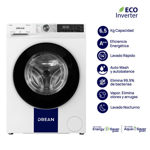 Lavarropas Carga Frontal Inverter 6,5 Kg Blanco Drean - LFDR0610ISB0 Lavarropas Carga Frontal Inverter 6,5 Kg Blanco Drean - LFDR0610ISB0