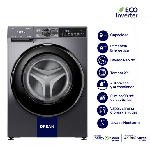 Lavarropas Carga Frontal Inverter 9 Kg Gris Drean - LFDR0914ISG0 Lavarropas Carga Frontal Inverter 9 Kg Gris Drean - LFDR0914ISG0