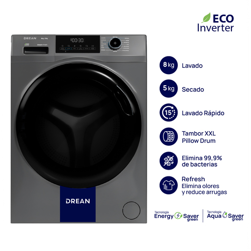 Lavasecarropas Ecoinverter 8 Kg Gris Drean - LSCDR0805SG0 Lavasecarropas Ecoinverter 8 Kg Gris Drean - LSCDR0805SG0