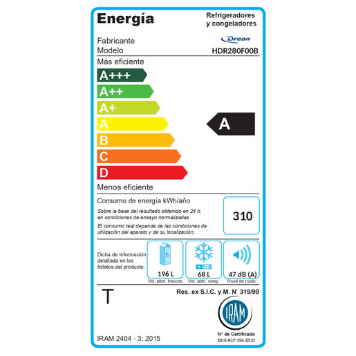Heladera con freezer Cíclica 277 L Blanca Drean - HDR280F00B