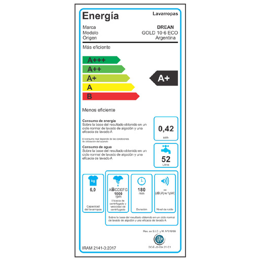 Lavarropas Carga Superior 6 Kg Blanco Drean - GOLD 10.6 ECO