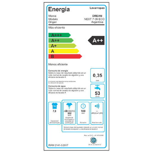 Lavarropas Carga Frontal 7 Kg Blanco Drean - NEXT 7.09 ECO